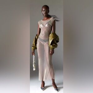 NWT Silence+Noise “Stephanie” Fishnet Rhinestone Sheer Taupe Maxi Dress, L & XL